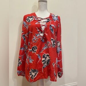 NWT Yumi Kim Silk Lace Up Long Sleeve Floral Top L